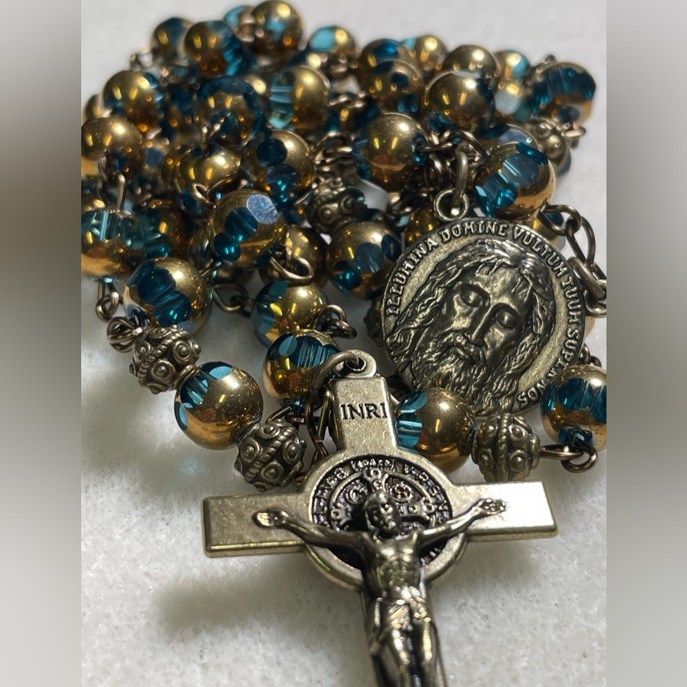 Aquamarine Vintage Gold and Bronze 1 of a kind Handcrafted Heirloom Rosary